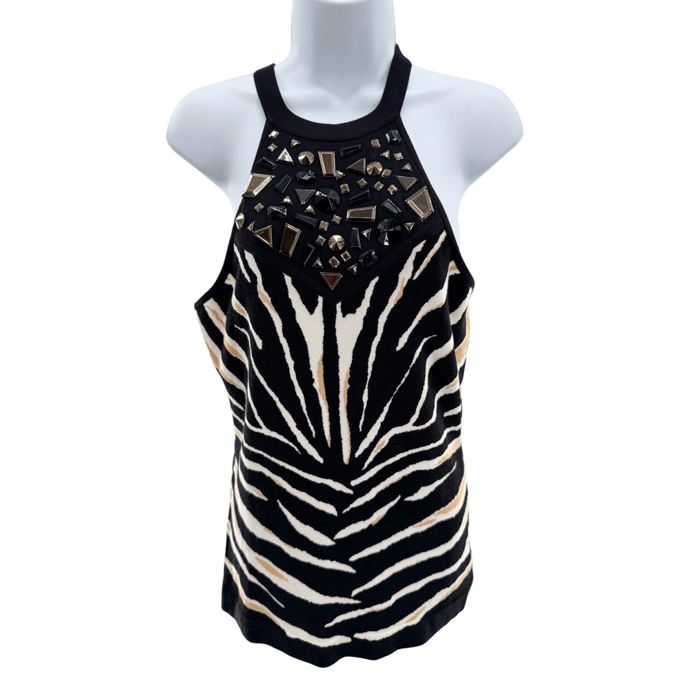 Cache Zebra Print Embellished Halter Top Studded Rhinestone Knit Blouse NWT M